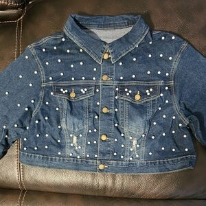 Denim Pearl-Studded Kids Jacket